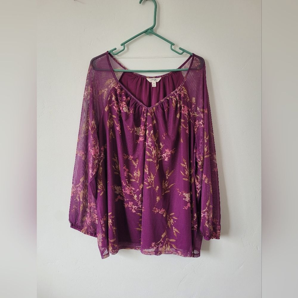 Purple Floral Sheer Mesh Plus Size Knit Blouse Top 3X Pullover V Neck Mature - Picture 2 of 8